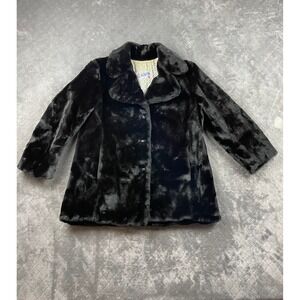 Vintage‎ 50s Black Faux Fur Coat Acofin Button Front Collar Size 10 LINER STAINS